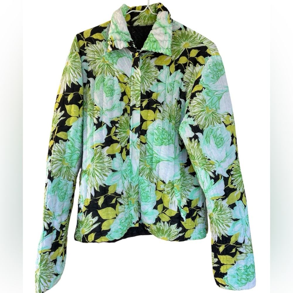 UbU Travel Classic Reversible Green/Black Floral Quilted Crinkle Zip-Up Jacket M